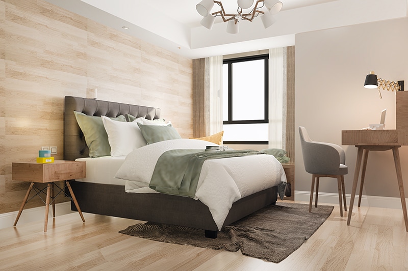 3d rendering beautiful luxury bedroom suite in hotel with working table créateine