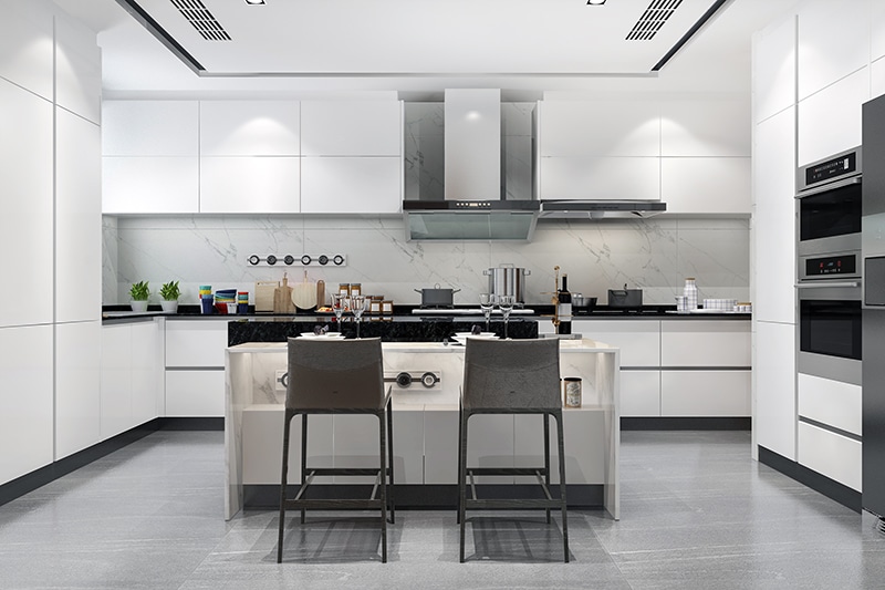 3d rendering white minimal kitchen with wood decoration créateine